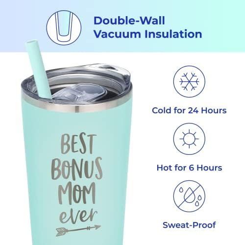 SassyCups Best Bonus Mom Ever Insulated Stainless Steel Tumbler|22 Ounce Engraved Mint Travel Mug with Slide Close Lid and Straw | Stepmom - Mother in Law - Other Mother|Boyfriend's Mother's Day Gifts - Image 2