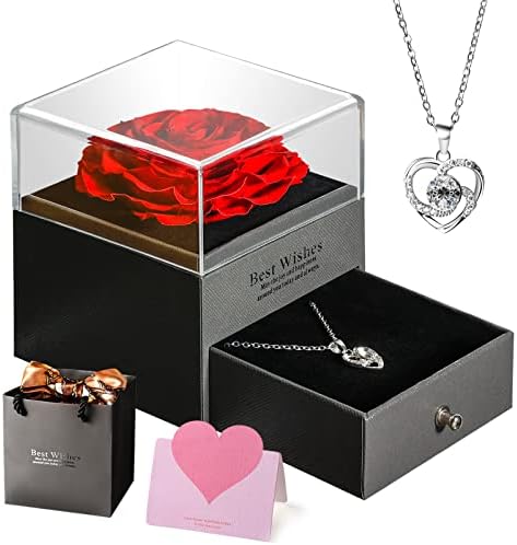 PQSWATER Handmade Real Roses Jewellery Box Silver Necklace Anniversary Valentine's Day Mother's Day Christmas Love of a Lifetime Gift of Roses for Women