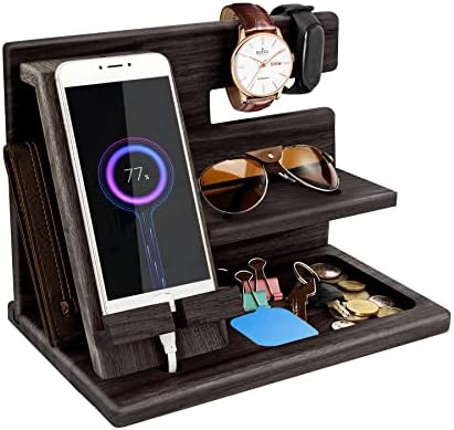 Gifts for Men Bedside Organiser for Him Birthday Gifts for Him Wood Phone Docking Station Key Holder Wallet Stand Watch Organizer Valentines Gifts for Him Wooden Organiser Gifts for Dad Men Husband