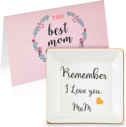 Ceramic Jewellery Dish with Greeting Card, Mothers Day Card Remember I Love You Mom Gifts from Daughter Son Trinket Plate Ring Holders Jewelry Tray Decor for Mother's Day Christmas Mom Birthday Gifts
