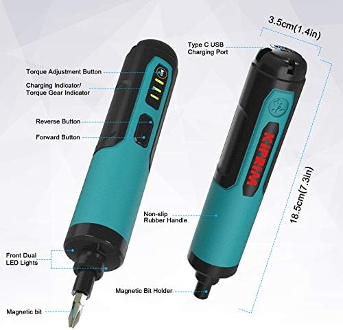 Electric Cordless Screwdriver Set Kiprim 4V Rechargeable Adjustable Torque Electric Screwdriver Gun with 33 Magnetic Bits Set (2 Drill Bits Included),Dual Flashlights,Carrying Box,Type C Cable - Image 2