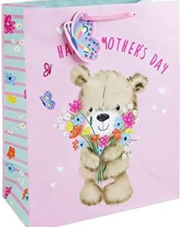 Cute Bear with Flowers Happy Mothers Day Gift Bag with Gift Tag