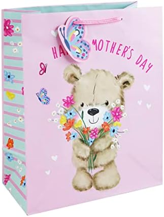 Cute Bear with Flowers Happy Mothers Day Gift Bag with Gift Tag