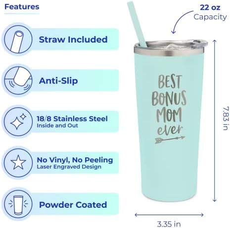 SassyCups Best Bonus Mom Ever Insulated Stainless Steel Tumbler|22 Ounce Engraved Mint Travel Mug with Slide Close Lid and Straw | Stepmom - Mother in Law - Other Mother|Boyfriend's Mother's Day Gifts - Image 3