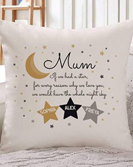 Mum Stars Moon Cushion | Personalised with Name | Gift for Mummy Mother | Inner Filling options 40×40 CM | Mother’s Day Present from Son or Daughter | Birthday Christmas Gifts