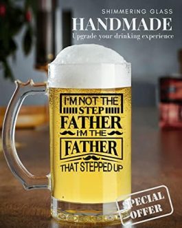 Onebttl Step Dad Christmas Gifts Beer Stein Mug, 17 oz Heavy Traditional Beer Glasses with Handle, Bonus Dad Gifts for Birthday/Father’s Day/Thanksgiving/from Daughter/Son, The Father That Stepped up