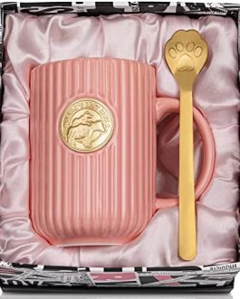 Mothers Day Gifts from Daughter Son, 14oz Pink Elegant Ceramic Coffee Cup with 3D Golden Badge, World’s Best Mum Stripe Mug, Cat’s Claw Spoon, Mum Birthday Gifts Presents for New Mum Mummy, Luxury Box