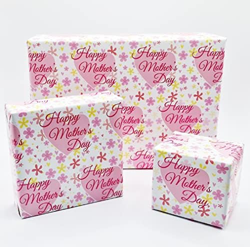 4 Sheets + 4 Matching Gift Tags Mother's Day Heart and Flowers Design Wrapping Paper Pink Mum Gift Wrap (PA)