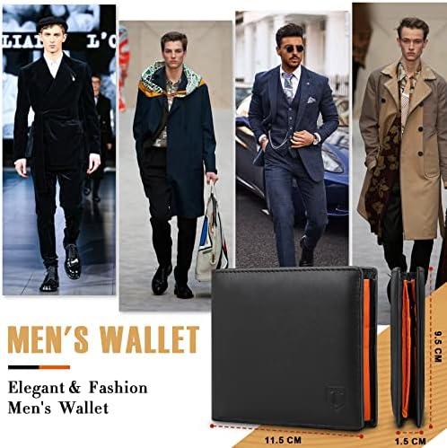 TEEHON® Wallets Mens Slim Genuine Leather RFID Blocking Wallet Mens with 11 Card Holder, 2 banknote compartments, Coin Pocket, ID Window, Minimalist Wallets for Men with Gift Box - Black and Orange - Image 5
