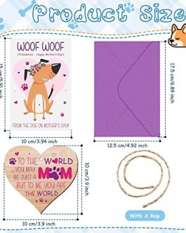 Mum Gifts Set Including Mum Wooden Hanging Heart Plaque, Mother’s Day Card from the Dog Funny Birthday Card and Purple Envelope for Mother’s Day Dog Lovers Personalised Gifts Presents Pet Keepsake