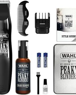 Wahl and Peaky Blinders Beard Trimmer Gift Set, Battery Powered Trimmer, Men’s Stubble Trimmers, Facial Hair Trimming, Beard Shampoo, Facial Hair Care, Men’s Grooming Kit