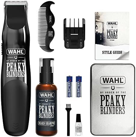 Wahl and Peaky Blinders Beard Trimmer Gift Set, Battery Powered Trimmer, Men’s Stubble Trimmers, Facial Hair Trimming, Beard Shampoo, Facial Hair Care, Men’s Grooming Kit