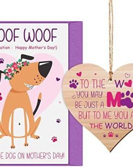 Mum Gifts Set Including Mum Wooden Hanging Heart Plaque, Mother’s Day Card from the Dog Funny Birthday Card and Purple Envelope for Mother’s Day Dog Lovers Personalised Gifts Presents Pet Keepsake