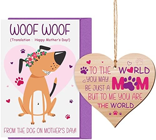 Mum Gifts Set Including Mum Wooden Hanging Heart Plaque, Mother's Day Card from the Dog Funny Birthday Card and Purple Envelope for Mother's Day Dog Lovers Personalised Gifts Presents Pet Keepsake