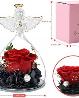 Elekin Preserved Real Rose Gifts for Her，Preserved Real Rose Flower in Glass Angel Figurines，Romantic Gifts for Women Mom Wife on Birthday Valentines Day Mothers Day Christmas Anniversary Wedding