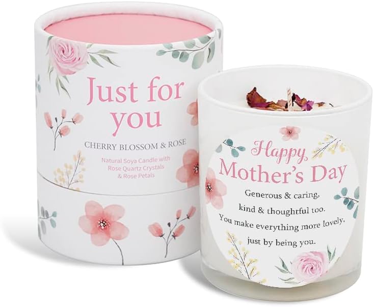 Mothers Day Candle That Makes a Thoughtful Gifts for Mothers Day - Sentimental Mother’s Day Gifts SOYA Candle with Rose Quartz and Rose Petals
