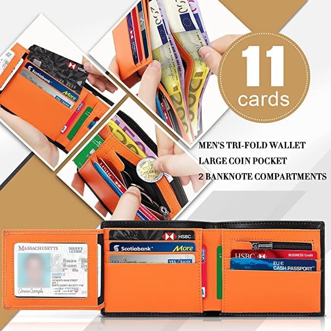 TEEHON® Wallets Mens Slim Genuine Leather RFID Blocking Wallet Mens with 11 Card Holder, 2 banknote compartments, Coin Pocket, ID Window, Minimalist Wallets for Men with Gift Box - Black and Orange - Image 2